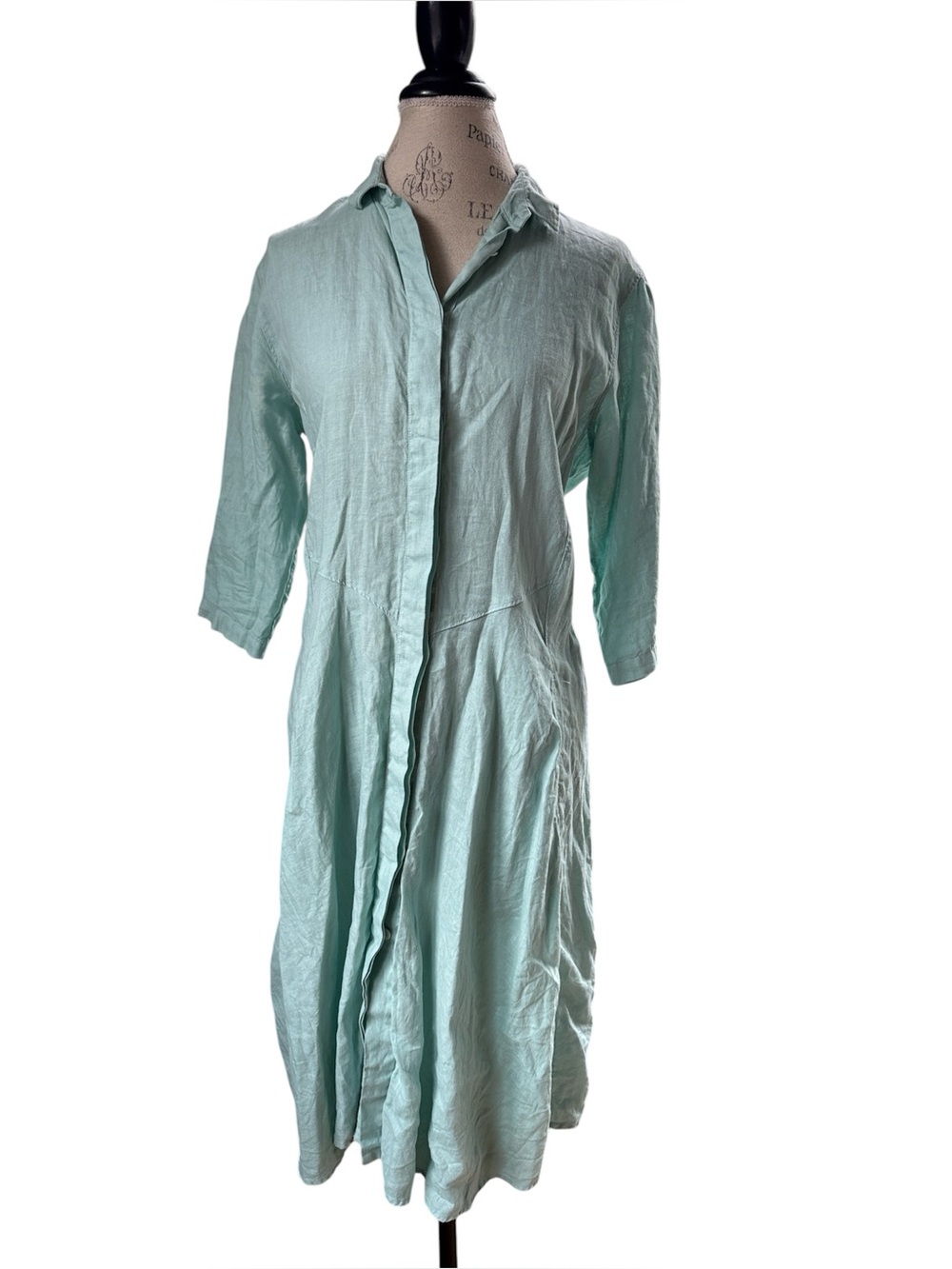 Italian linen seafoam green three-quarter sleeve relaxed fit midi dress XLarge